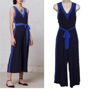 elevenses Navy and Royal Blue V-Neck Wide-Leg Jumpsuit with Tie Belt